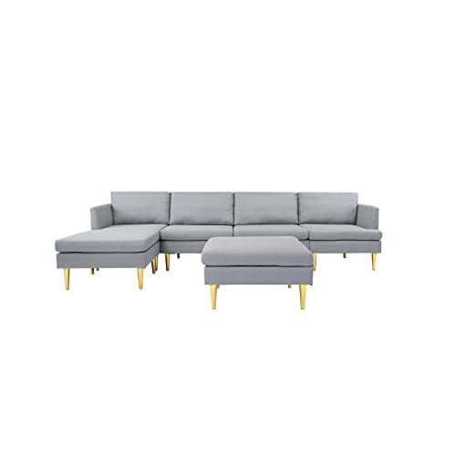 KoiHome Convertible Sectional Handrail, 6-Seater Sleeper Sofa Couch with Metal Gold Conical Legs, Modern Home Furniture for Living, Bedroom,Office,Waiting Room, Polyester, Light Grey