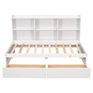 HomSof Twin Bed with Side Bookcase, Drawers,White