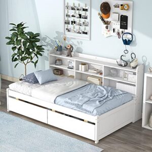 HomSof Twin Bed with Side Bookcase, Drawers,White