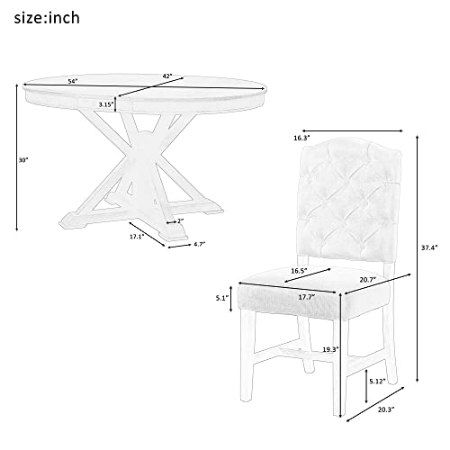 P PURLOVE Retro Style 5-Piece Round Dining Table Set for 4,Round Extendable Table with 4 Upholstered Chairs for 4,Dining Room Table Set for Dining Room,Living Room