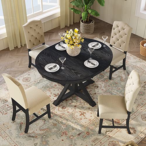 P PURLOVE Retro Style 5-Piece Round Dining Table Set for 4,Round Extendable Table with 4 Upholstered Chairs for 4,Dining Room Table Set for Dining Room,Living Room