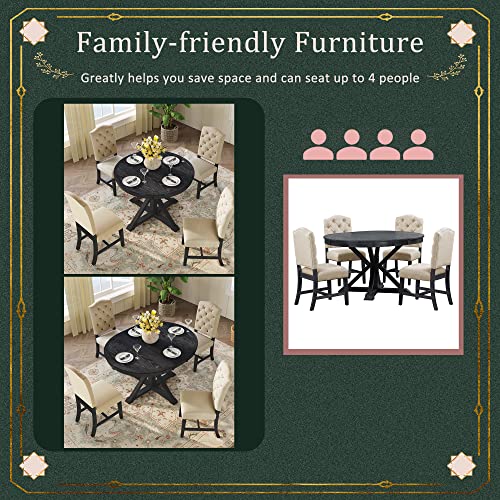 P PURLOVE Retro Style 5-Piece Round Dining Table Set for 4,Round Extendable Table with 4 Upholstered Chairs for 4,Dining Room Table Set for Dining Room,Living Room