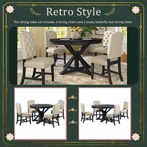 P PURLOVE Retro Style 5-Piece Round Dining Table Set for 4,Round Extendable Table with 4 Upholstered Chairs for 4,Dining Room Table Set for Dining Room,Living Room