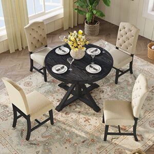 P PURLOVE Retro Style 5-Piece Round Dining Table Set for 4,Round Extendable Table with 4 Upholstered Chairs for 4,Dining Room Table Set for Dining Room,Living Room