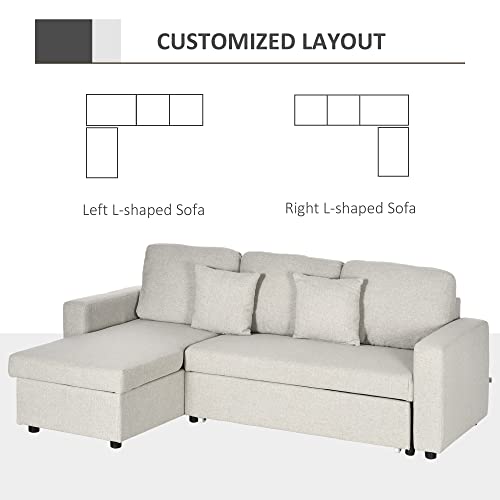 HOMCOM Sectional Sleeper Sofa, Linen Fabric L Shaped Couch with Pull Out Bed, Reversible Storage Chaise for Living Room, Apartment, 3-seat, Cream White