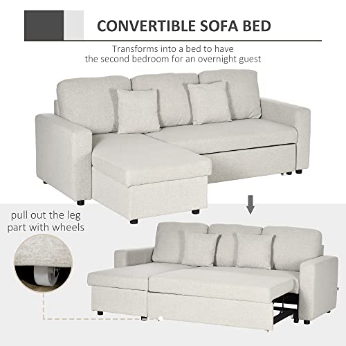 HOMCOM Sectional Sleeper Sofa, Linen Fabric L Shaped Couch with Pull Out Bed, Reversible Storage Chaise for Living Room, Apartment, 3-seat, Cream White