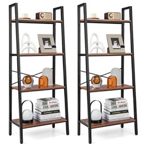 tangkula 4-tier ladder bookshelf, freestanding open bookcase with metal frame & anti-toppling device, industrial wooden storage display shelf plant stand for living room study balcony (2, 4-tier)