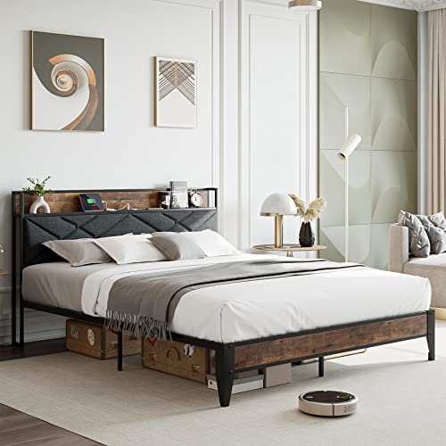 Homhougo Queen Size Bed Frame with Charging Station, Heavy-Duty Platform Bed with Storage Shelf & Button Tufted Fabric Headboard, Metal Slats Support, No Box Spring Needed, Noise-Free, Light Gray