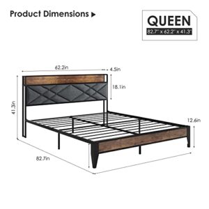 Homhougo Queen Size Bed Frame with Charging Station, Heavy-Duty Platform Bed with Storage Shelf & Button Tufted Fabric Headboard, Metal Slats Support, No Box Spring Needed, Noise-Free, Light Gray