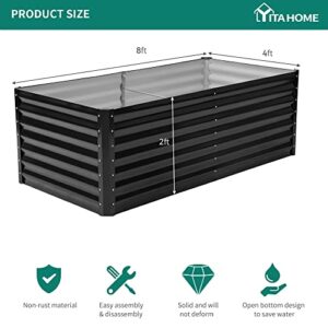 YITAHOME 8x4x2ft Outdoor Raised Garden Bed Kit, Large Stainless Steel Metal Patio Planter Box with 2 Ground Nails, 3 Support Rod, and Safe Edge Curling Design for Plants Vegetables Flowers Fruit,Black