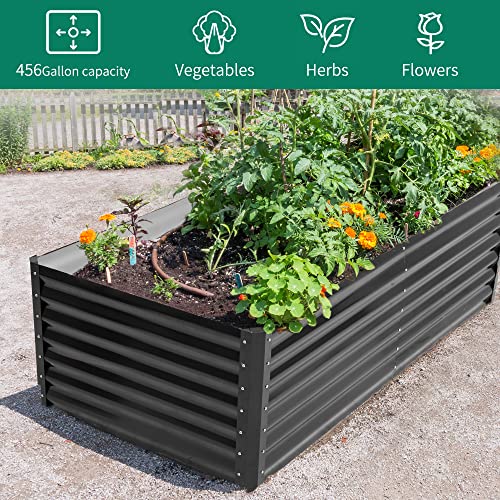 YITAHOME 8x4x2ft Outdoor Raised Garden Bed Kit, Large Stainless Steel Metal Patio Planter Box with 2 Ground Nails, 3 Support Rod, and Safe Edge Curling Design for Plants Vegetables Flowers Fruit,Black