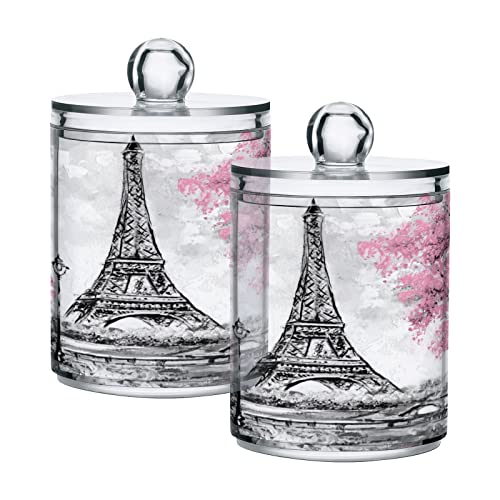 Nander 4Pack Qtip Holder Dispenser -Pink Paris Tower Clear Plastic Apothecary Jars Set - Restroom Bathroom Makeup Organizers Containers for Cotton Swab, Ball, Pads, Floss