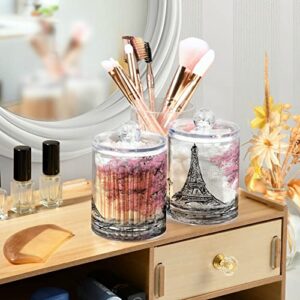 Nander 4Pack Qtip Holder Dispenser -Pink Paris Tower Clear Plastic Apothecary Jars Set - Restroom Bathroom Makeup Organizers Containers for Cotton Swab, Ball, Pads, Floss