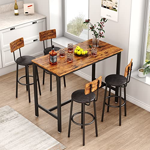 Voohek Kitchen Bar Counter Height Dining Table Set, with Cushion Stools for Restaurant, Dinette, Farmhouse, Brown