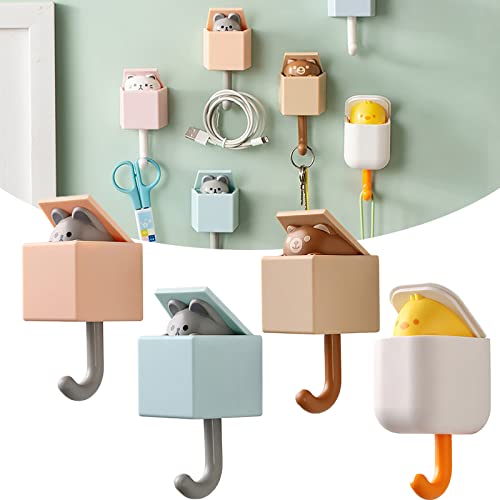 FRAPAN 4PCS Creative Adhesive Coat Hook, Cute Cat Hooks Wall Mounted, Wall Mounted Adhesive Hook Coat Hooks Mouse Chick Bear Hooks Cute Pet Hooks for Wall Hanging Decorations Without Drilling