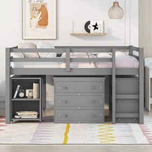 Solid Wood Full-Size Low Loft Bed Frame with Ladder for Kids Bunk, Cabinet + Desk, Pure Gray