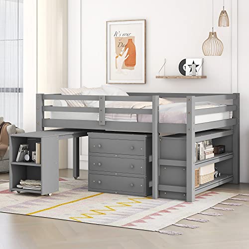 Solid Wood Full-Size Low Loft Bed Frame with Ladder for Kids Bunk, Cabinet + Desk, Pure Gray