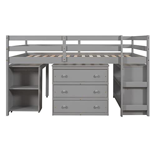 Solid Wood Full-Size Low Loft Bed Frame with Ladder for Kids Bunk, Cabinet + Desk, Pure Gray