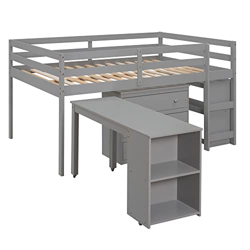 Solid Wood Full-Size Low Loft Bed Frame with Ladder for Kids Bunk, Cabinet + Desk, Pure Gray