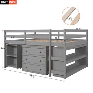 Solid Wood Full-Size Low Loft Bed Frame with Ladder for Kids Bunk, Cabinet + Desk, Pure Gray