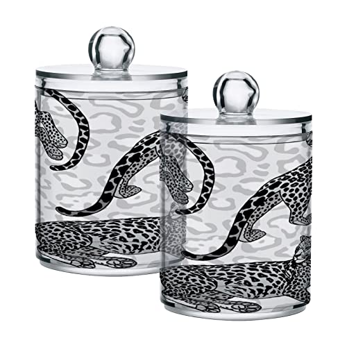 Kigai Three Leopards Qtip Holder Dispenser with Lids 4 Pack ,Clear Plastic Apothecary Jar Containers - Bathroom Accessories Set for Cotton Swab, Ball, Pads, Floss