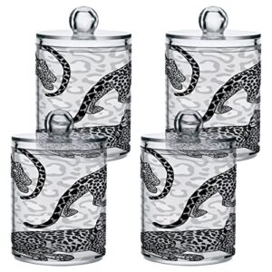Kigai Three Leopards Qtip Holder Dispenser with Lids 4 Pack ,Clear Plastic Apothecary Jar Containers - Bathroom Accessories Set for Cotton Swab, Ball, Pads, Floss