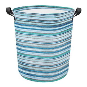 collapsible laundry baskets ocean dye wave strips waterproof laundry hamper with handles teal blue round for dirty clothes，kids toys,bedroom,bathroom