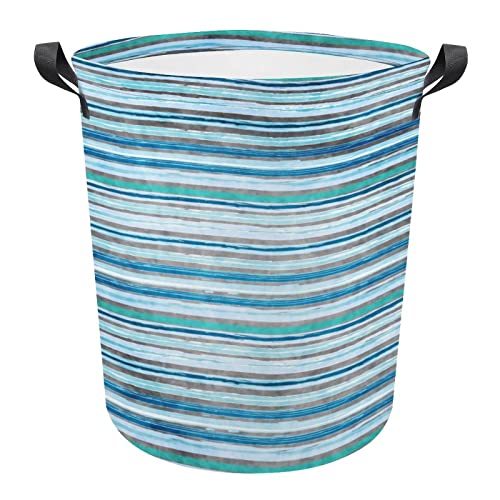 Collapsible Laundry Baskets Ocean Dye Wave Strips Waterproof Laundry Hamper with Handles Teal Blue Round for Dirty Clothes，Kids Toys,Bedroom,Bathroom