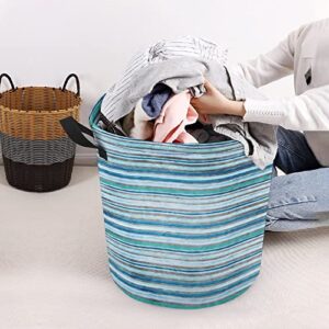 Collapsible Laundry Baskets Ocean Dye Wave Strips Waterproof Laundry Hamper with Handles Teal Blue Round for Dirty Clothes，Kids Toys,Bedroom,Bathroom