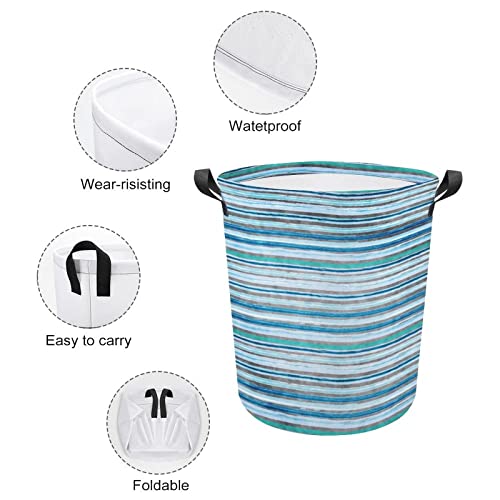 Collapsible Laundry Baskets Ocean Dye Wave Strips Waterproof Laundry Hamper with Handles Teal Blue Round for Dirty Clothes，Kids Toys,Bedroom,Bathroom