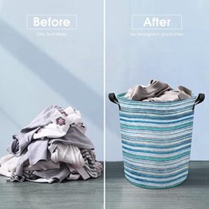 Collapsible Laundry Baskets Ocean Dye Wave Strips Waterproof Laundry Hamper with Handles Teal Blue Round for Dirty Clothes，Kids Toys,Bedroom,Bathroom