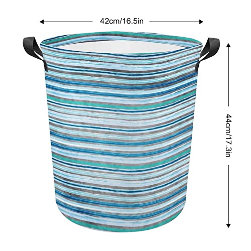 Collapsible Laundry Baskets Ocean Dye Wave Strips Waterproof Laundry Hamper with Handles Teal Blue Round for Dirty Clothes，Kids Toys,Bedroom,Bathroom