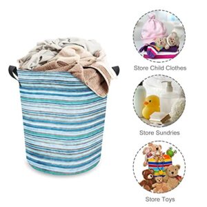 Collapsible Laundry Baskets Ocean Dye Wave Strips Waterproof Laundry Hamper with Handles Teal Blue Round for Dirty Clothes，Kids Toys,Bedroom,Bathroom