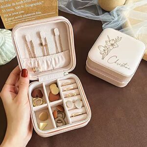 Personalized Travel Jewelry Box, Bridesmaid Gifts Valentines Day Gifts for Her, Birthday Gifts for Women Mom, Small Jewelry Organizer Case, Custom Name Birth Flower Leather Portable Storage Earrings