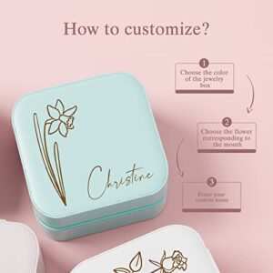 Personalized Travel Jewelry Box, Bridesmaid Gifts Valentines Day Gifts for Her, Birthday Gifts for Women Mom, Small Jewelry Organizer Case, Custom Name Birth Flower Leather Portable Storage Earrings