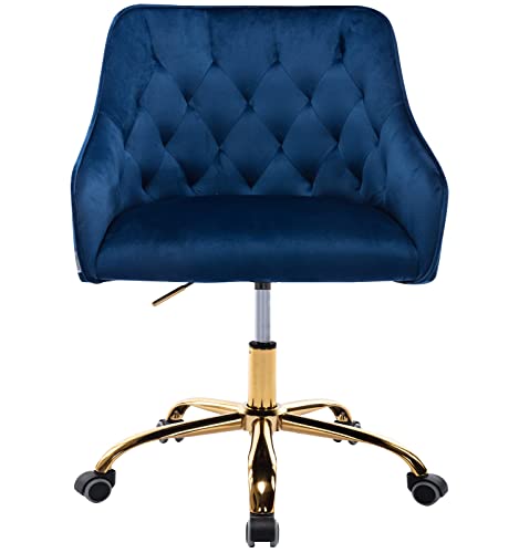 Yoluckea Velvet Desk Chair Blue Office Chair Height Adjustable, Blue Desk Chair Vanity Chair for Makeup Room Cute Desk Chair with Wheels, Home Office Desk Chairs Blue Velvet Chair Accent Swivel Chair