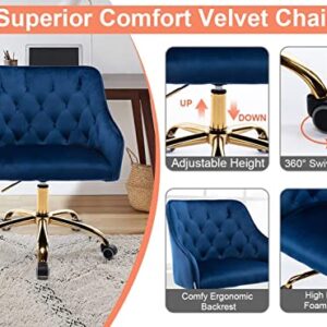 Yoluckea Velvet Desk Chair Blue Office Chair Height Adjustable, Blue Desk Chair Vanity Chair for Makeup Room Cute Desk Chair with Wheels, Home Office Desk Chairs Blue Velvet Chair Accent Swivel Chair