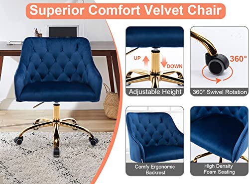 Yoluckea Velvet Desk Chair Blue Office Chair Height Adjustable, Blue Desk Chair Vanity Chair for Makeup Room Cute Desk Chair with Wheels, Home Office Desk Chairs Blue Velvet Chair Accent Swivel Chair