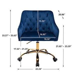 Yoluckea Velvet Desk Chair Blue Office Chair Height Adjustable, Blue Desk Chair Vanity Chair for Makeup Room Cute Desk Chair with Wheels, Home Office Desk Chairs Blue Velvet Chair Accent Swivel Chair