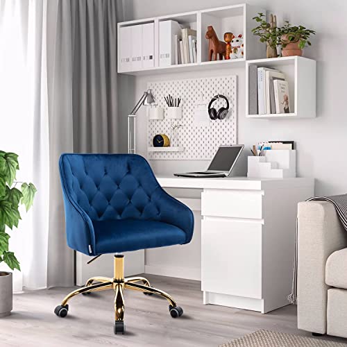 Yoluckea Velvet Desk Chair Blue Office Chair Height Adjustable, Blue Desk Chair Vanity Chair for Makeup Room Cute Desk Chair with Wheels, Home Office Desk Chairs Blue Velvet Chair Accent Swivel Chair