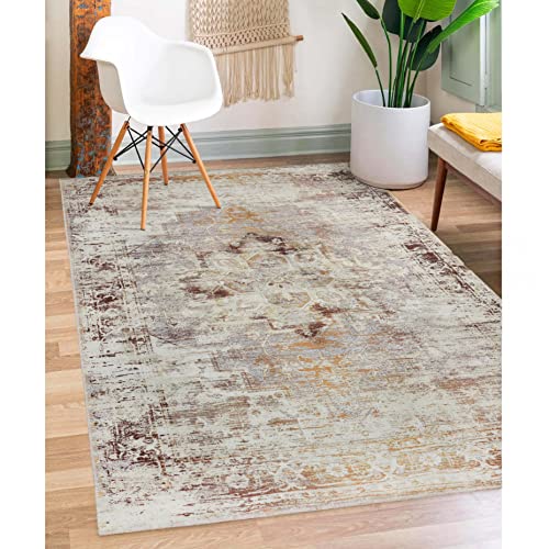 SUPERIOR Washable Indoor Runner Rug, Unique Home Floor Throw for Living Space, Dining Room, Office, Bedroom, Hallway, Entryway, Rustic Distressed Geometric Decor, Dove Collection, 6' x 9'