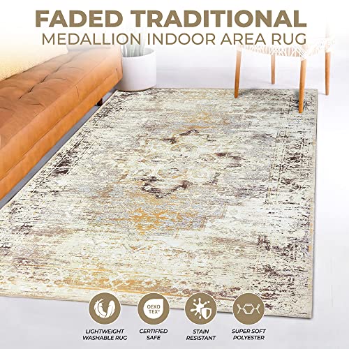 SUPERIOR Washable Indoor Runner Rug, Unique Home Floor Throw for Living Space, Dining Room, Office, Bedroom, Hallway, Entryway, Rustic Distressed Geometric Decor, Dove Collection, 6' x 9'