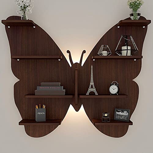 Tyagi-Export Butterfly Shape Backlit Wood Wall Shelf/Book Shelf/Night Light (32 inches x 28 inches) Handcrafted in India - for Living Room Bedroom Kitchen Bathroom Farmhouse