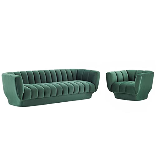 Modway Furniture EEI-4086-GRN-SET 123.5 in. Entertain Vertical Channel Tufted Performance Velvet Sofa & Armchair Set Green - 2 Piece