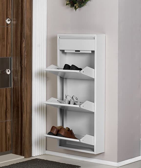 KASER Shoe Storage Cabinet - 3+1 Drawer 20" Metal Wall Mountable Shoe Storage for Entryway with No Assembly - Shoe Cabinet for Entryway Slim - 2-3 Pair per Tier (White)