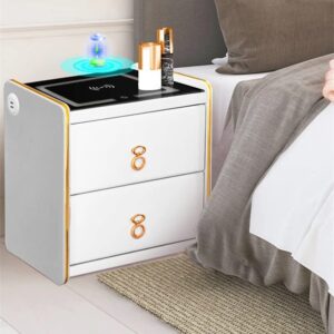 LLLY Armoire Chevet Intelligente avec Chargeur Sans fil LED, Meuble Rangement Multifonctionnel avec Table Bois