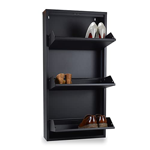 KASER Shoe Storage Cabinet -3 Drawer 20" Metal Wall Mountable Shoe Storage for Entryway with No Assembly - Shoe Cabinet for Entryway Slim - 2-3 Pair per Tier (Black)