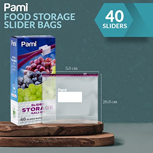 PAMI Food Storage Slider Gallon Bags [40 Pieces] - Leakproof Freshness-Lock Bags With Expandable Bottom- Food-Safe Slider Zipper Bags With Write On Label- Thick & Reusable Sandwich Bags