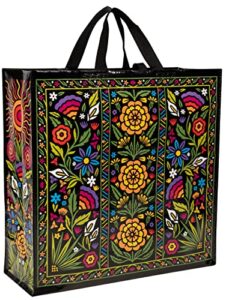 blue q shopper - flower fest. reusable grocery bag, sturdy, easy-to-clean, 15" h x 16" w x 6" d. made from 95% recycled material.