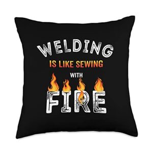 Funny Quotes About Welding Welder Gifts Welding is Like Sewing with Fire Funny Welder Quote Throw Pillow, 18x18, Multicolor